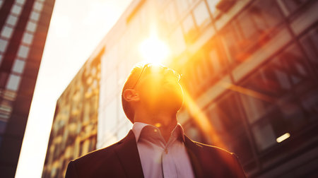 A businessman gazing upwards towards the sunlight.の素材