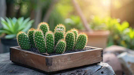 A succulent plant in a wooden planter outdoors to bask in the sun.の素材