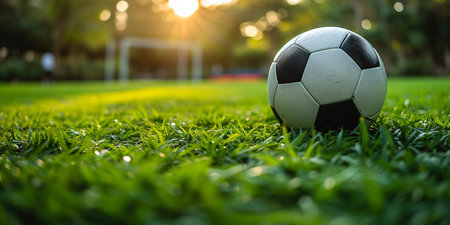 Soccer match on the verdant field with spherical black and white ball.の素材