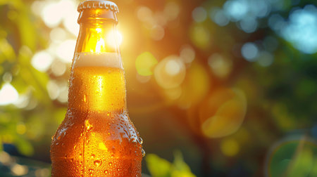 Icy beer bottle sealed on warm summer backdrop under scorching sun.の素材