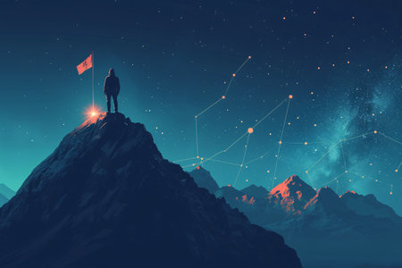 A high-tech summit with a banner and a skilled mountaineer at the peak, symbolizing aspirations and success. Dark blue digital landscape with mountain tops and stars.の素材