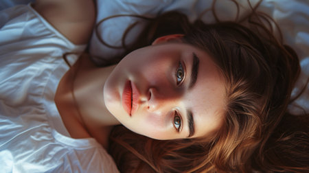 Intimate close-up of an attractive lady lying on the bed.の素材