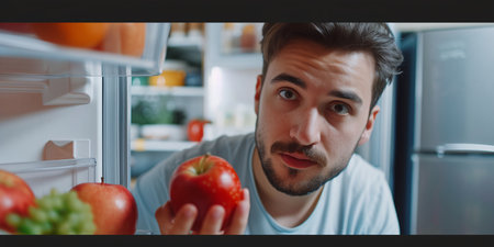 A handsome, cheerful man examining a red apple in a bright kitchen.の素材