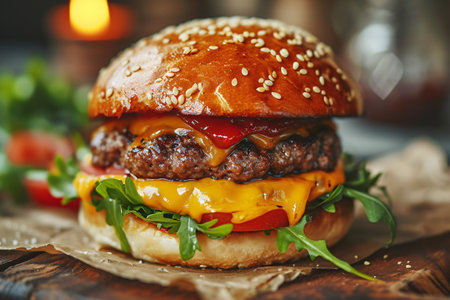 Delectable burger sandwich with melted cheese.の素材