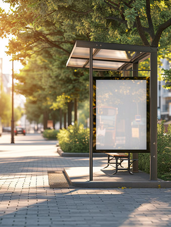 Vacant outdoor advertising display at bus terminal for promotional banners or posters.の素材