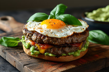 Delicious homemade gluten-free burger on an egg bun with a beef patty, guacamole, and basil served on a rustic wooden board.の素材