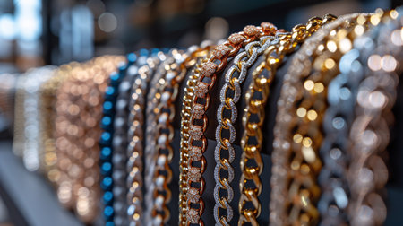 Gleaming gold chain necklace displayed in a women's boutique. Vertical.の素材