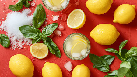 Ingredients for making lemonade on crimson background.の素材