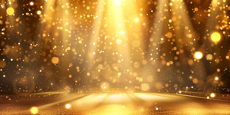 Sparkling golden stage setting with shimmering light effects, ornate decorations, and bokeh. Opulent backdrop design idea. Artwork.の素材