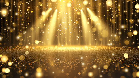 Opulent illustration of a golden stage adorned with sparkling light effects, decorations, and bokeh for a lavish background design.の素材
