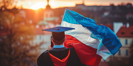 Czech Republic flag held by recent graduate.の素材