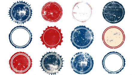 Set of distressed stamps, circles, banners, insignias, logos, icons, labels and badges with grunge textures and empty forms.の素材