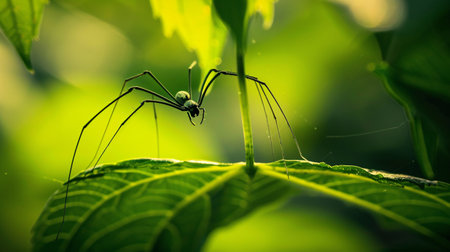 Close-up shot of a gliding arachnid on a verdant foliage.の素材