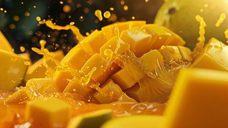 Vibrant mango papaya fruit juice splashes in a realistic way, perfect for a refreshing summer tropical drink.の素材