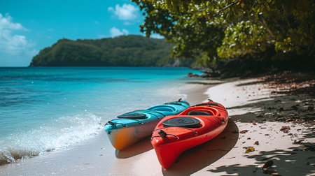 Crimson and azure kayaks on the exotic shore.の素材
