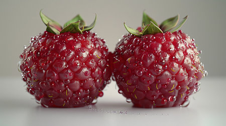 A duo of luscious ripe raspberries against a blank canvas.の素材