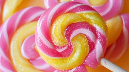 A vibrant pink and yellow candy on a wooden stick, with a spiral design, isolated on a white background.の素材