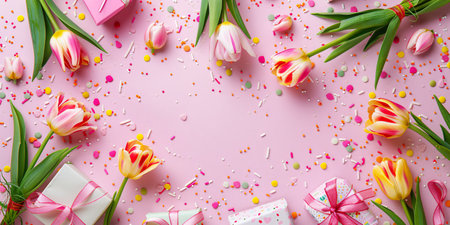 Celebrating International Women's Day with a flat lay of vibrant tulip bouquets, luxurious gift boxes, and scattered confetti on a soft pink backdrop.の素材