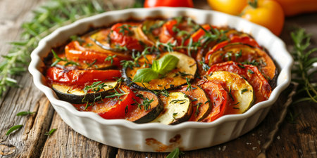 Vegan ratatouille casserole on a wooden table, a classic French vegetable dish perfect for a healthy diet.の素材