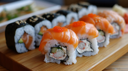 Delectable combination of rice and fish rolls.の素材