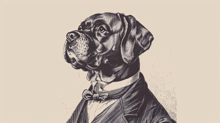 Vintage Victorian style dog illustration in hand-drawn engraving with a suit.の素材