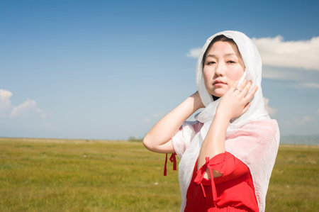 chinese woman with white hoodのeditorial素材