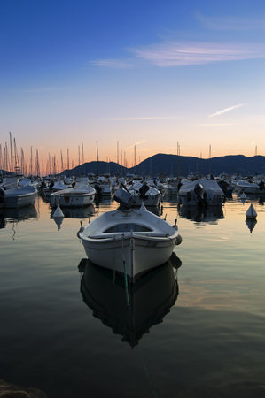 Many boat in a aharbour in the eveningの写真素材