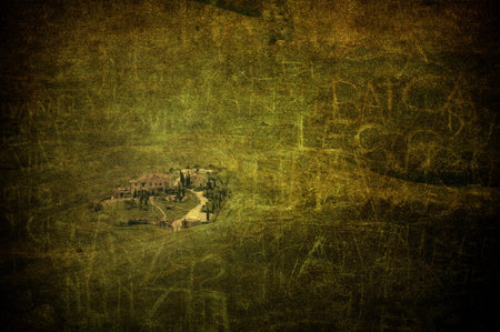 A grunge image of  country panorama with a farm