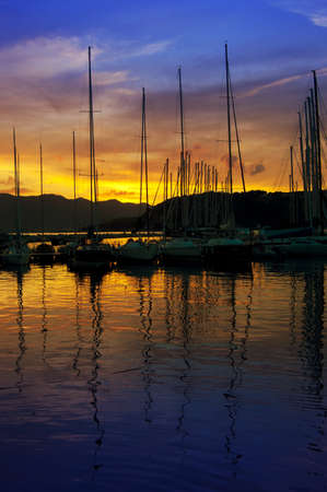 Many boat in a aharbour in the eveningの写真素材