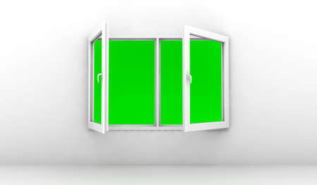 Open white window isolated on a white wallの写真素材