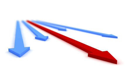 A red arrow win between other four blue: business conceptの写真素材
