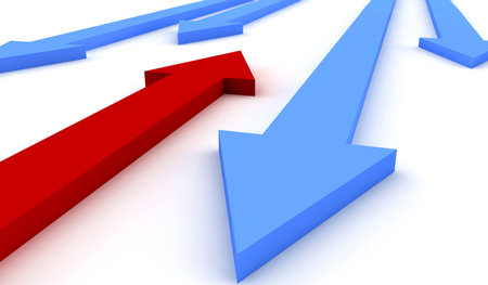 A red arrow between opposite other four blue: business concept
