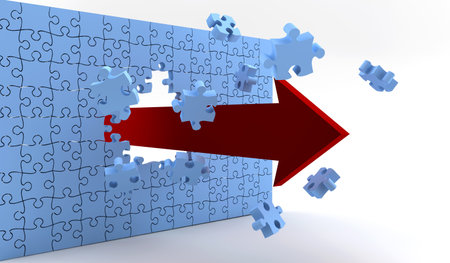 A red arrow broke a wall of blue puzzle