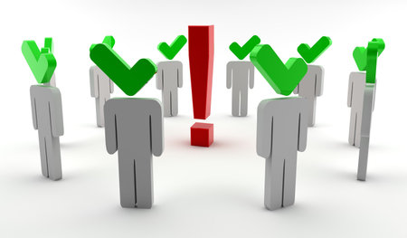 Green right men around a big red exclamationの写真素材