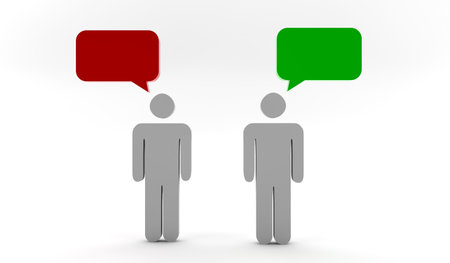 Two men communicate using a red and green bubbleの写真素材