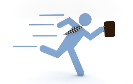 A blue businessman running with his bagの写真素材