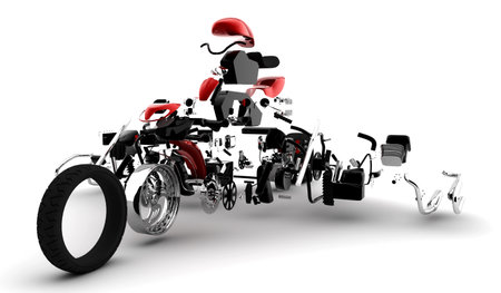 A red motorbike exploded in many parts