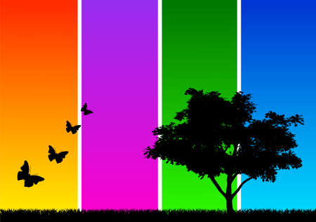 Silhouette of a tree with grass and butterflies のイラスト素材
