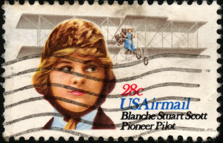 UNITED STATES OF AMERICA - CIRCA 1980  A stamp printed in the USA shows image of Blanche Stuart Scott, the aviation pioneer, circa 1980のeditorial素材