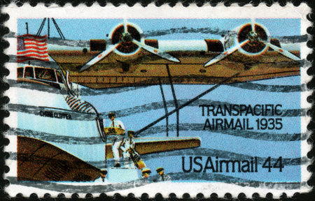 UNITED STATES - CIRCA 1985  A stamp printed in the United states shows Tranpacific Airmail 1935, circa 1985のeditorial素材