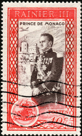 CIRCA 1950  A stamp printed in Monaco showing Prince Ranier of Monaco, circa 1950の写真素材