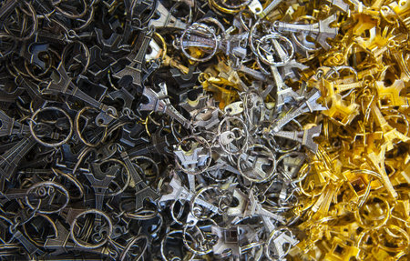 Many black, grey and golden key-rings of Tour Eiffelの写真素材