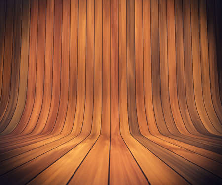 An empty room with continuous wood from wall to floorの写真素材