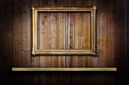 Old grunge wood panels with a frame and a shelf