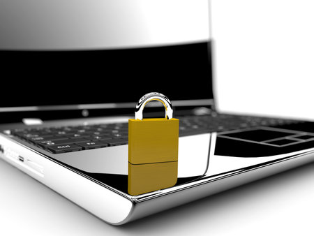 A golden lock on a laptop isolated on a white background  Online security concept