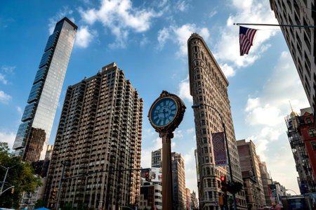 NEW YORK -SEPTEMBER 11: Flat Iron building facade on September 11, 2013. Completed in 1902, it is considered to be one of the first skyscrapers ever built.のeditorial素材