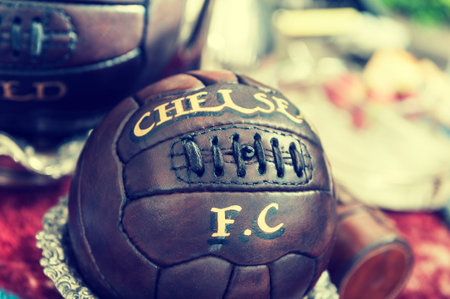 Vintage leather soccer ball in a marketの写真素材