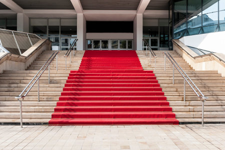 Red carpet over stairs in cannes cityの写真素材