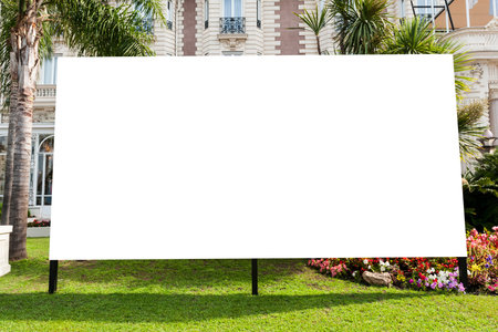 White billboard in a garden with palaceの写真素材