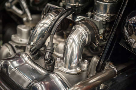 Close up of a chrome motorcycle engineの写真素材